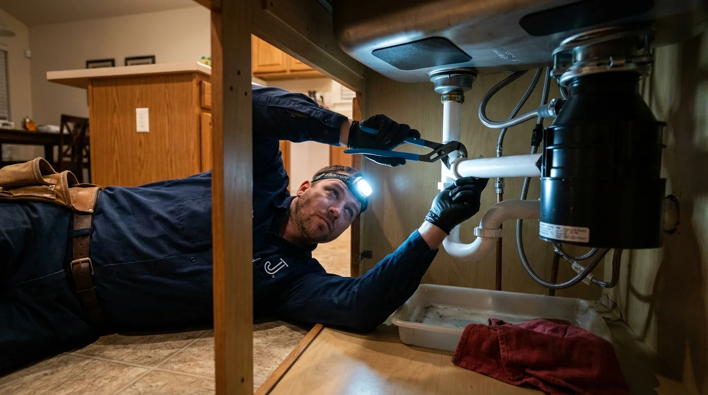P-trap and supply line connections under a kitchen sink showing a common leak point in Cleveland, GA